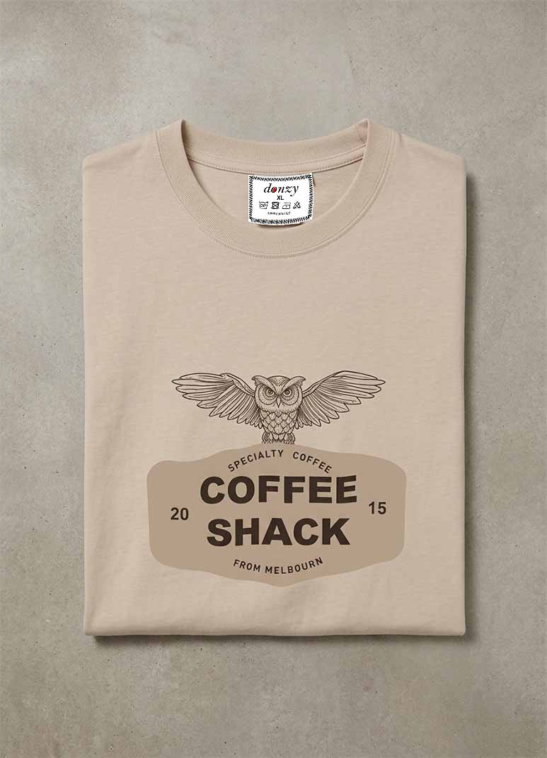 Men's beige oversized cotton t-shirt with coffee shack owl graphic print