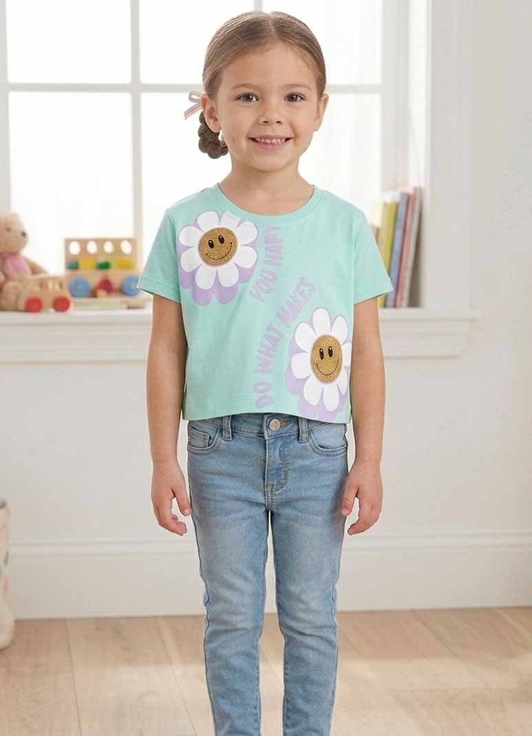 Girls' mint green cotton t-shirt with smiley daisy graphic print