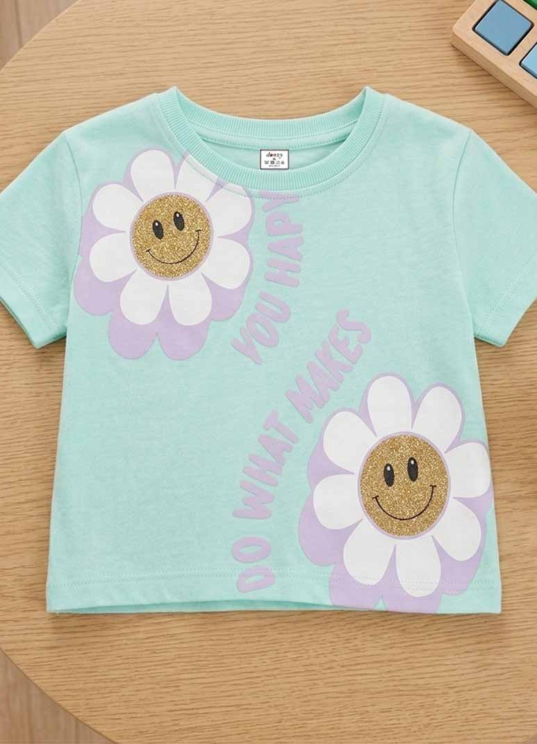 Girls' mint green cotton t-shirt with smiley daisy graphic print