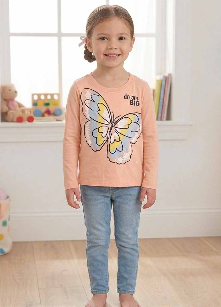 Girls' peach cotton full sleeve t-shirt with butterfly graphic print