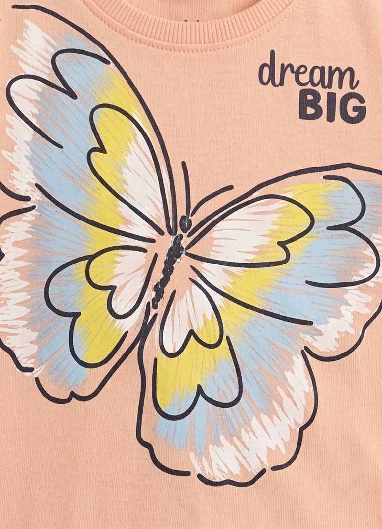 Girls' peach cotton full sleeve t-shirt with butterfly graphic print