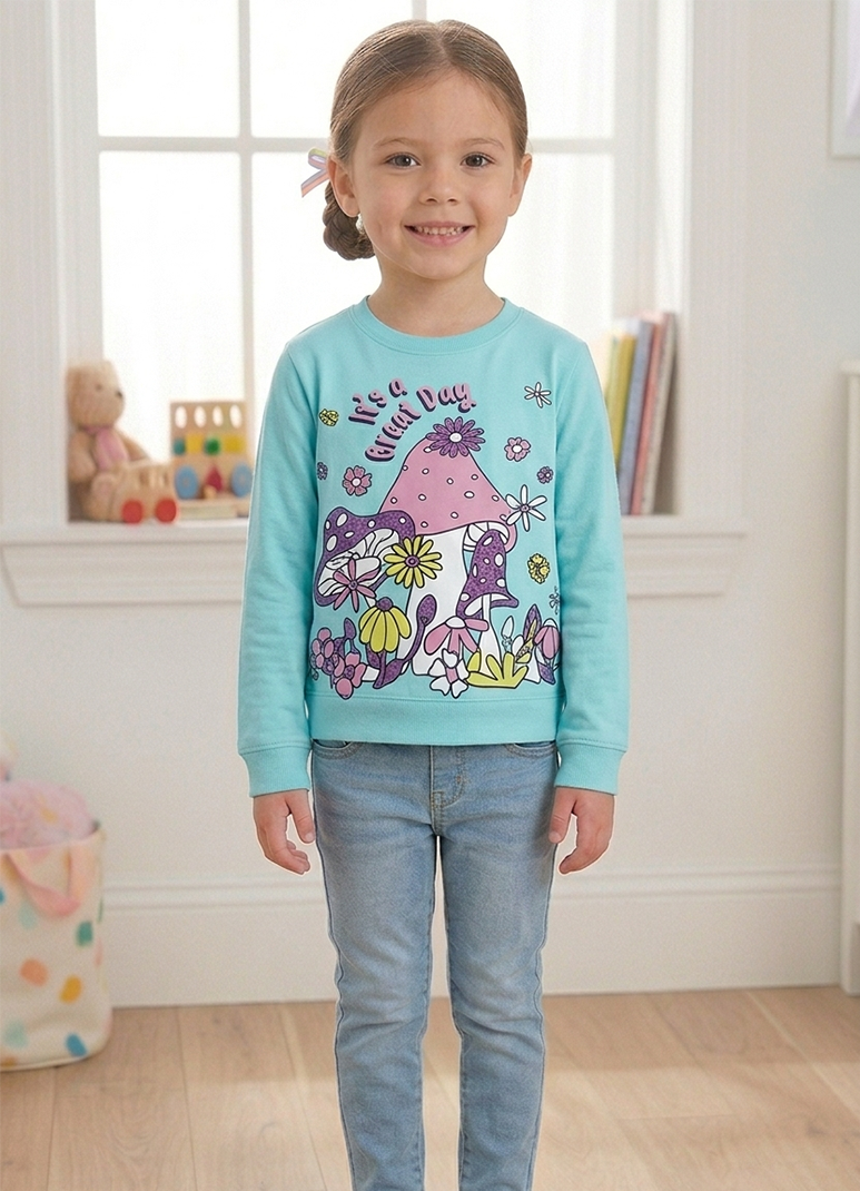 Girls' turquoise cotton sweatshirt with mushroom floral graphic print