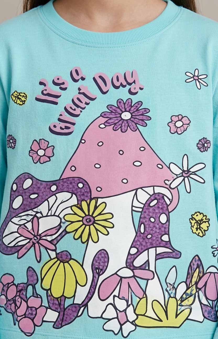 Girls' turquoise cotton sweatshirt with mushroom floral graphic print
