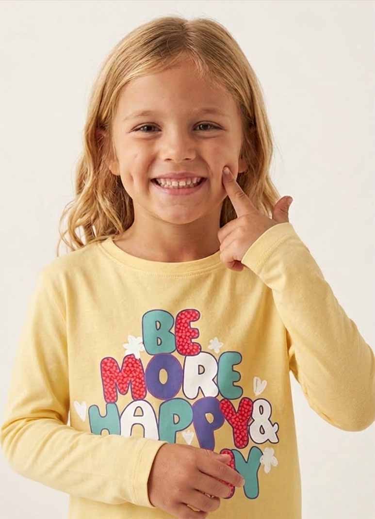 DONZY Girls' Yellow Be More Happy Typography Full Sleeve T-Shirt