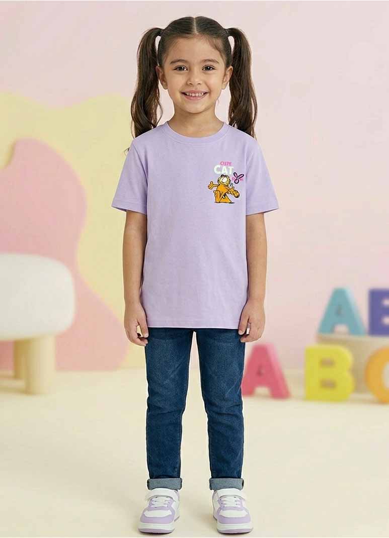 Girls' lavender T-shirt with cute cat graphic print | DONZY