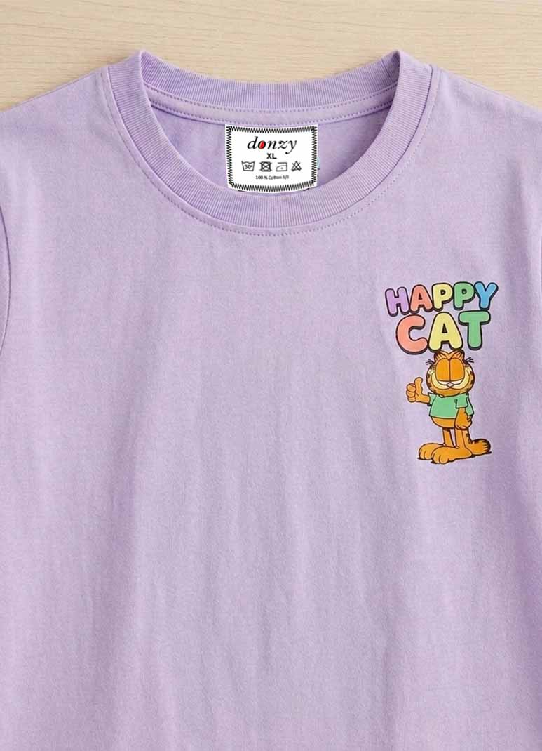 Girls' lavender T-shirt with cute cat graphic print | DONZY