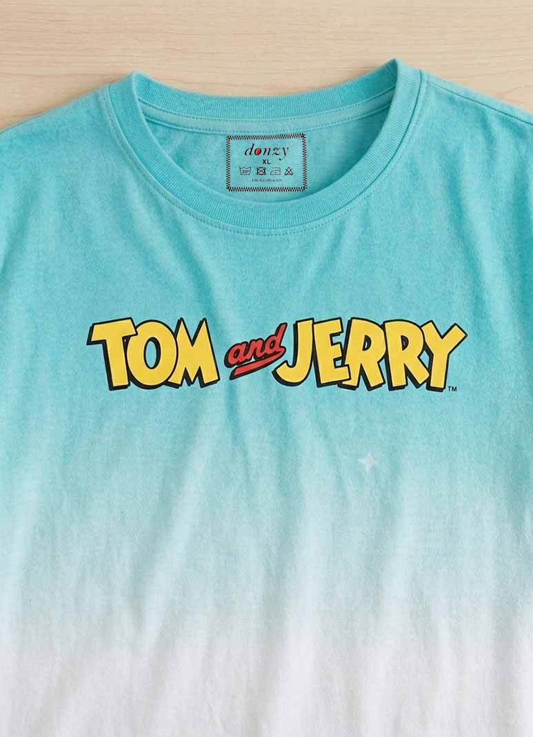 DONZY aqua blue Tom and Jerry graphic printed round neck T-shirt