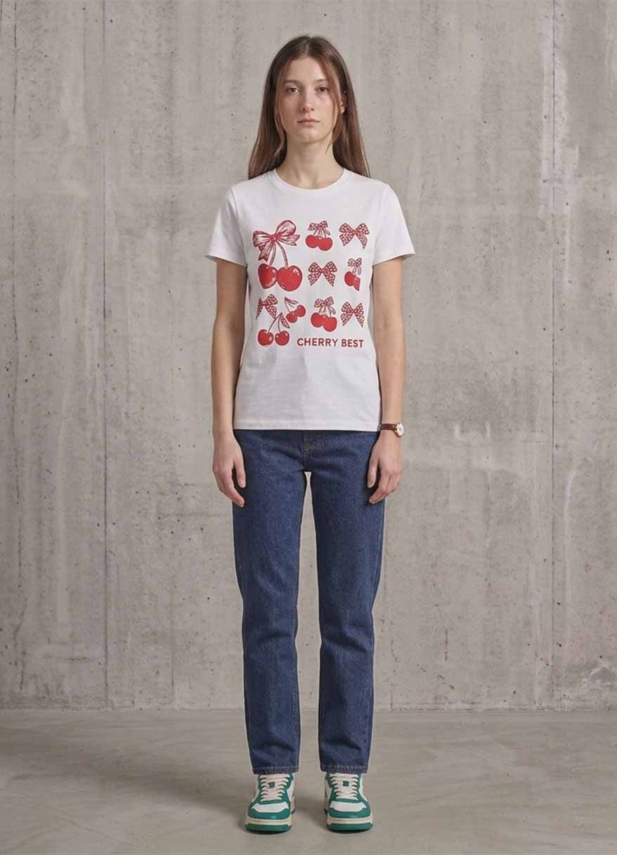 Women's white cotton t-shirt with cherry and bow graphic print