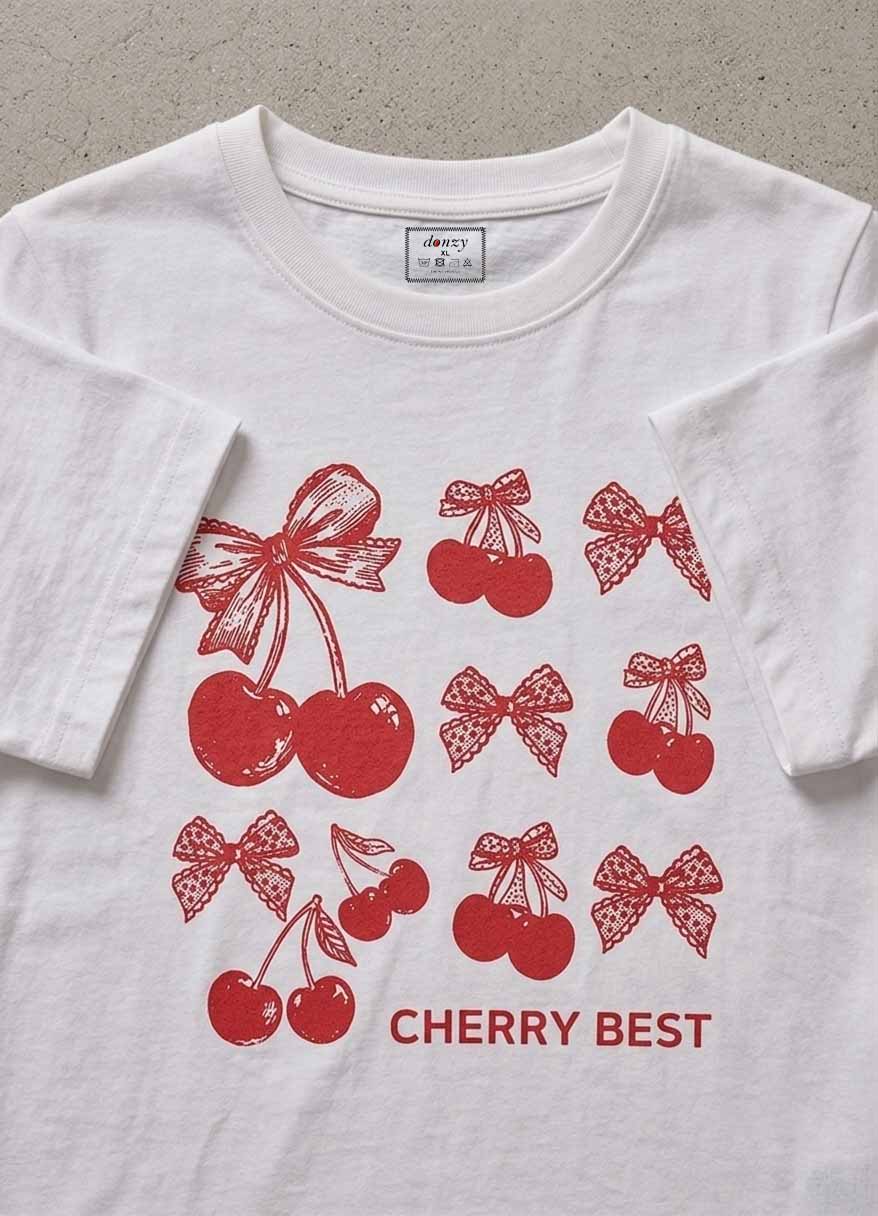 Women's white cotton t-shirt with cherry and bow graphic print