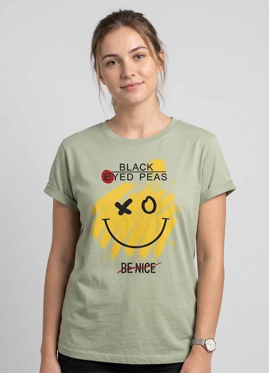 Women's sage green cotton t-shirt with smiley graphic print