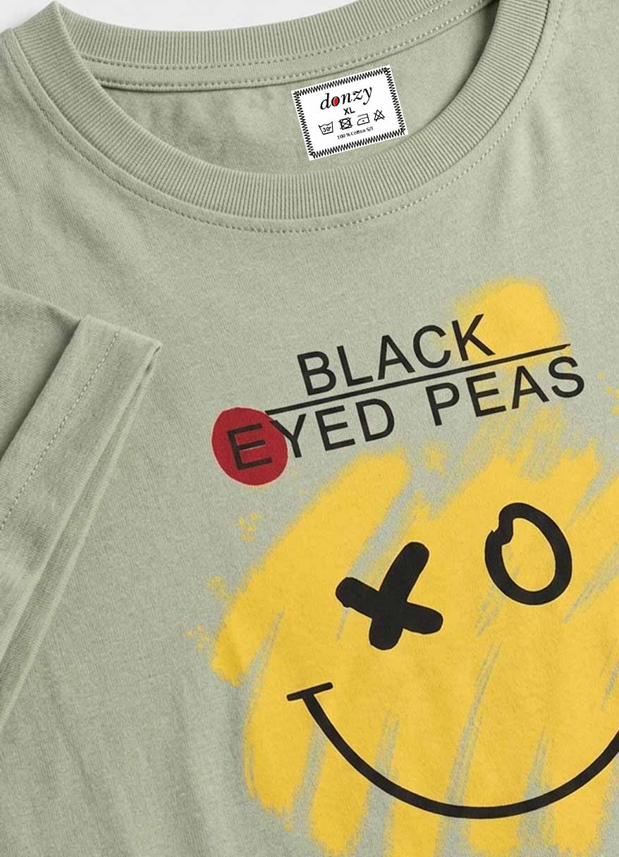 Women's sage green cotton t-shirt with smiley graphic print