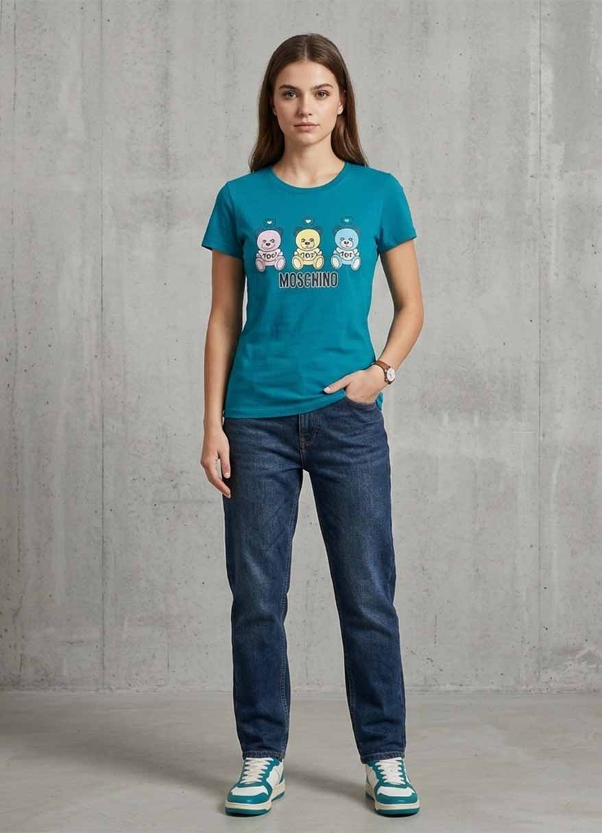 Women’s teal graphic printed T-shirt with teddy bear design