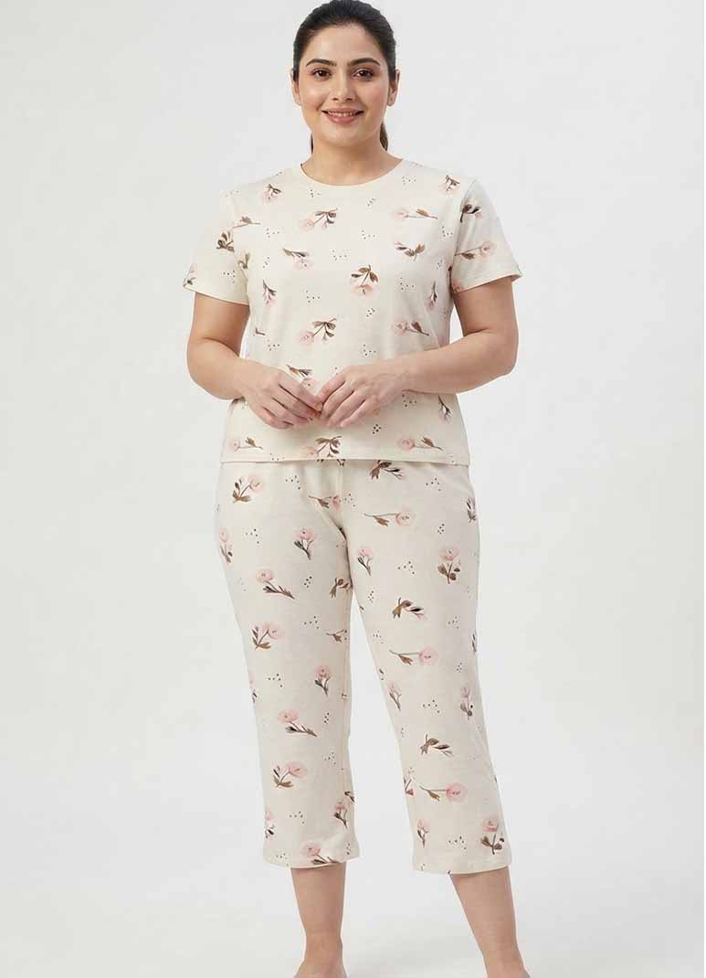 DONZY Women's Beige Floral Print Pajama Set | Cotton Spandex Co-ord Night Suit
