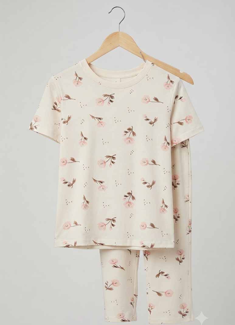 DONZY Women's Beige Floral Print Pajama Set | Cotton Spandex Co-ord Night Suit