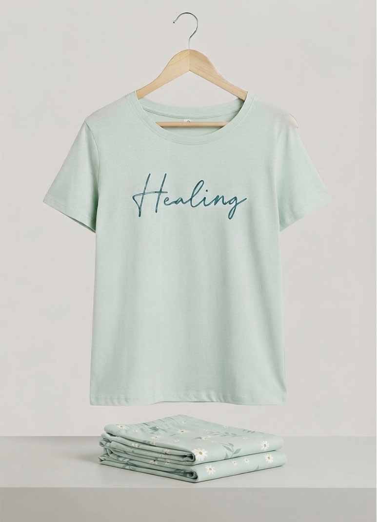 Women's mint green pajama set with Healing typography top and leaf print pants