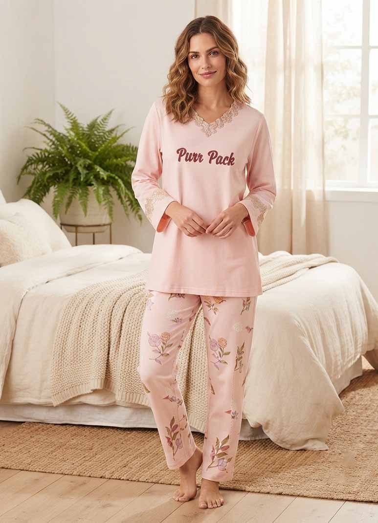 Women's pink pajama set with Purr Pack typography top and English rose floral print pants
