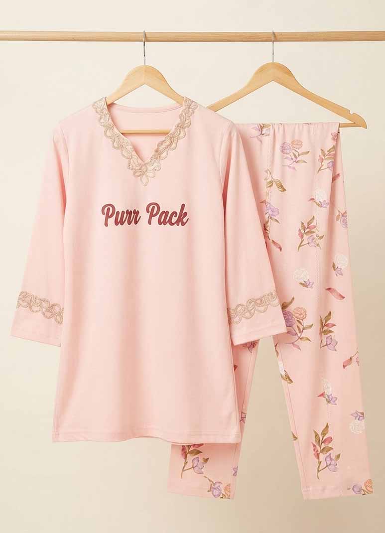 Women's pink pajama set with Purr Pack typography top and English rose floral print pants