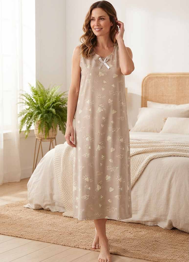 Women's beige sleeveless maxi nightgown with heart print