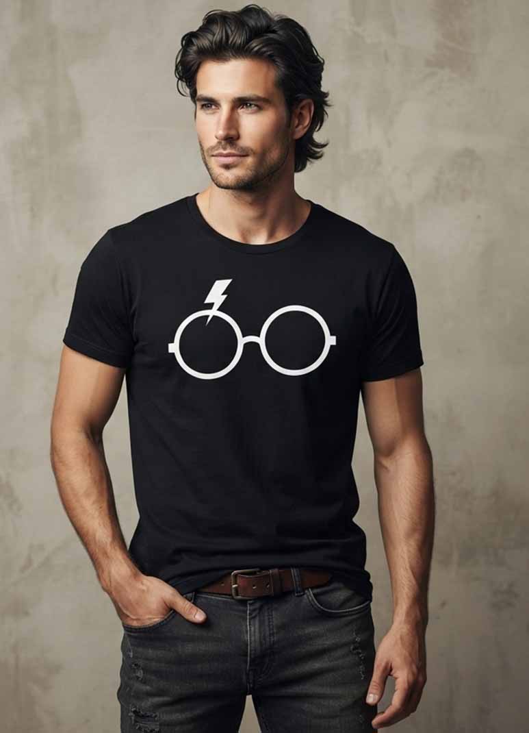 DONZY black T-shirt with wizard glasses and lightning graphic print