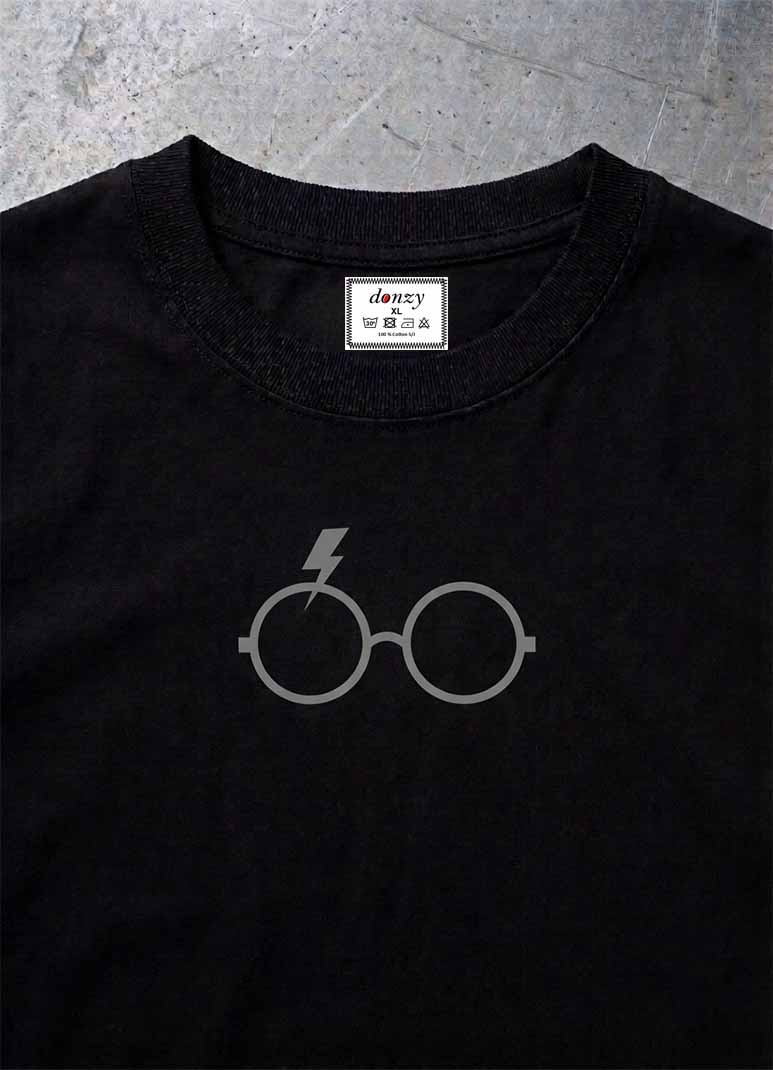 DONZY black T-shirt with wizard glasses and lightning graphic print