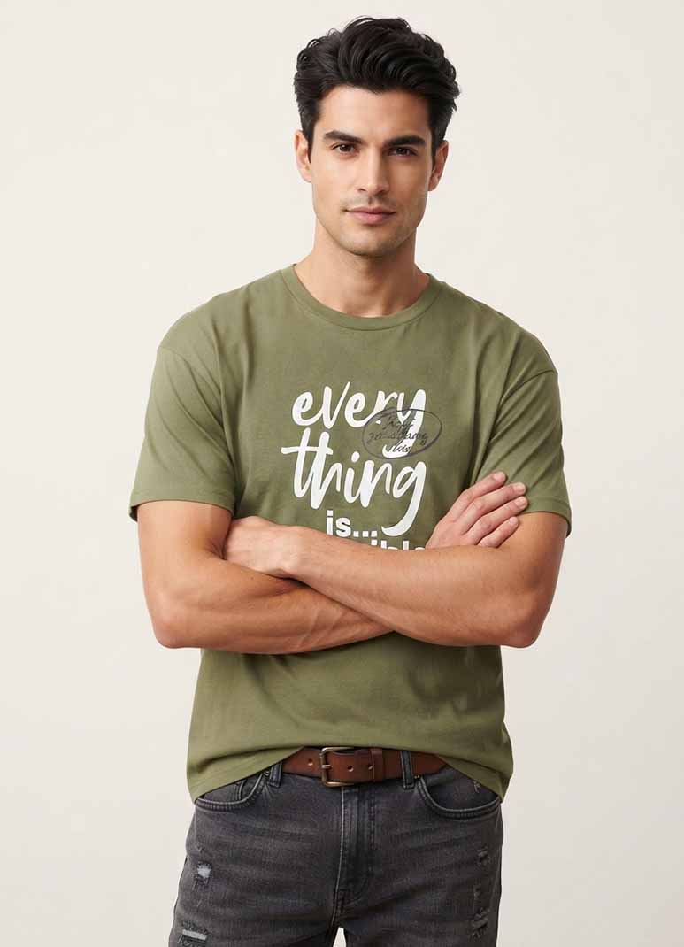 Men's olive green cotton t-shirt with Everything is Possible typography print