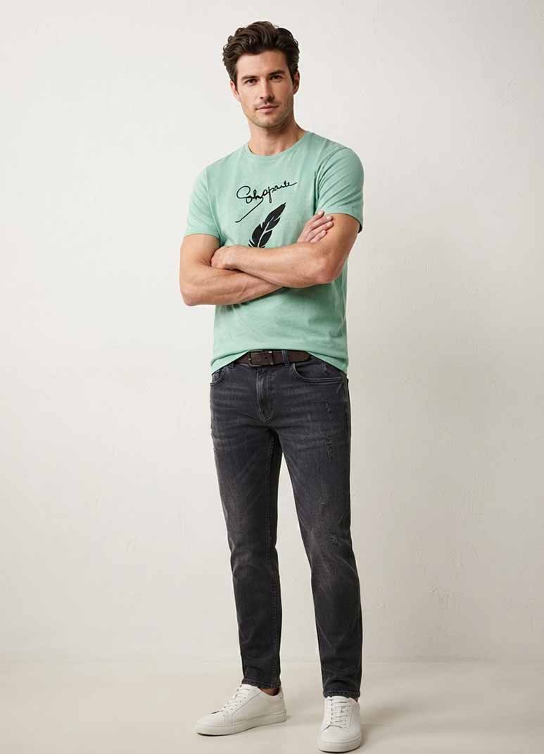 Men's sage green cotton t-shirt with feather graphic print