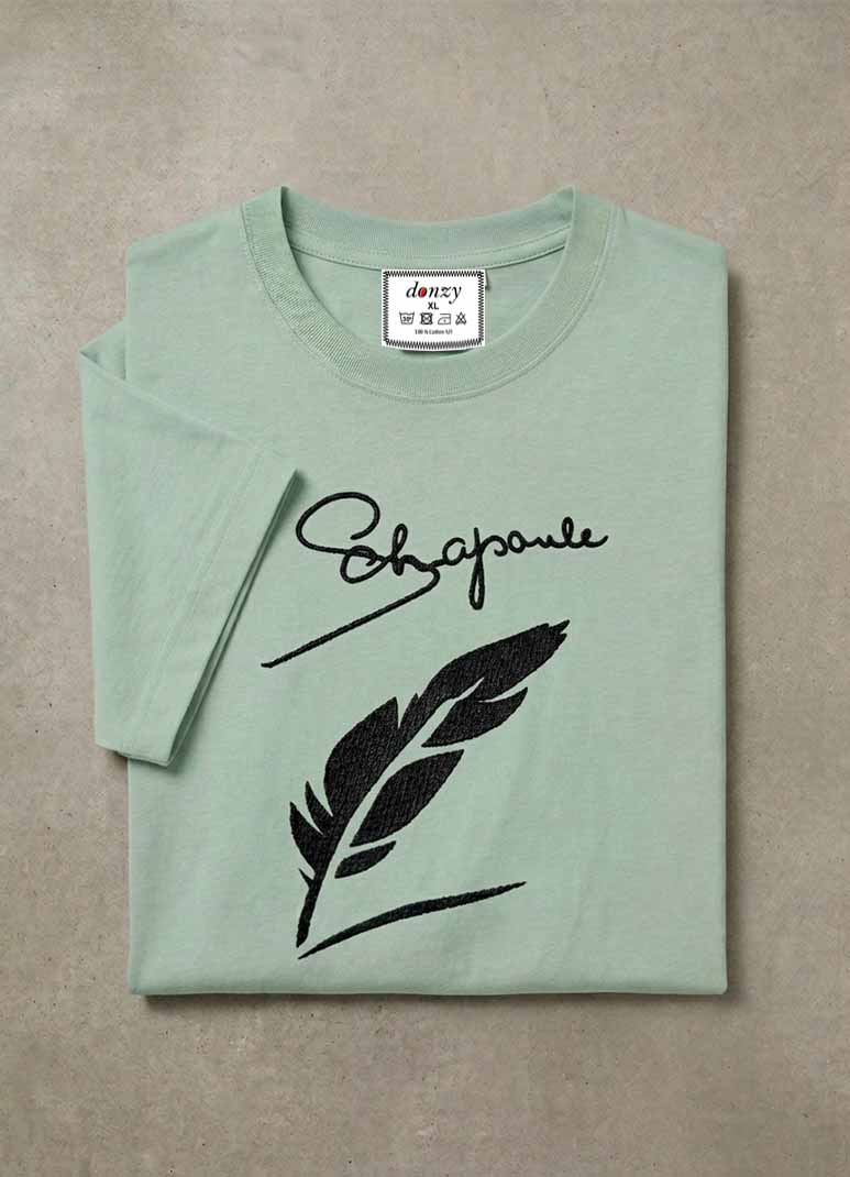Men's sage green cotton t-shirt with feather graphic print