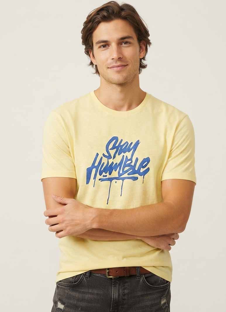 Men's yellow cotton t-shirt with Stay Humble graffiti print