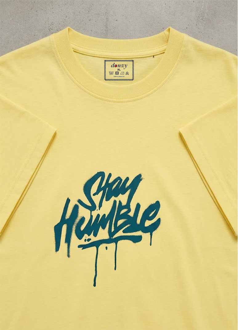 Men's yellow cotton t-shirt with Stay Humble graffiti print