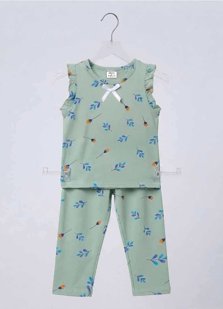 Women's sage green pajama set with ruffle trim top and floral print pants