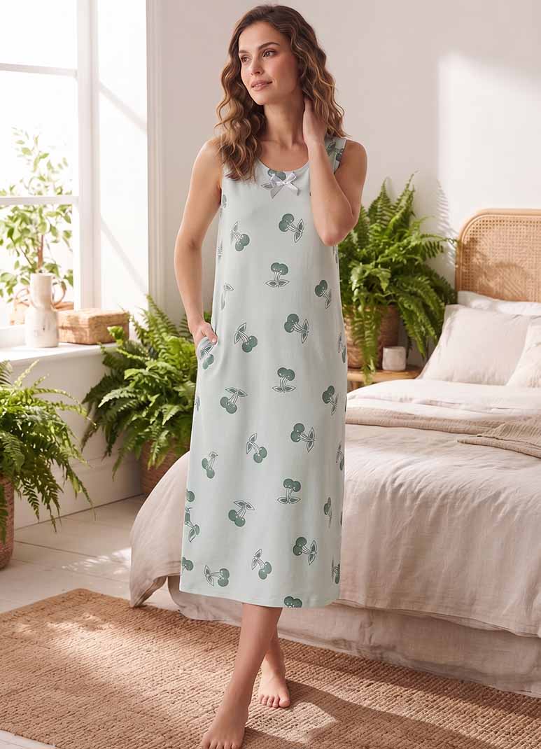 Women's sage green sleeveless maxi nightgown with cherry print