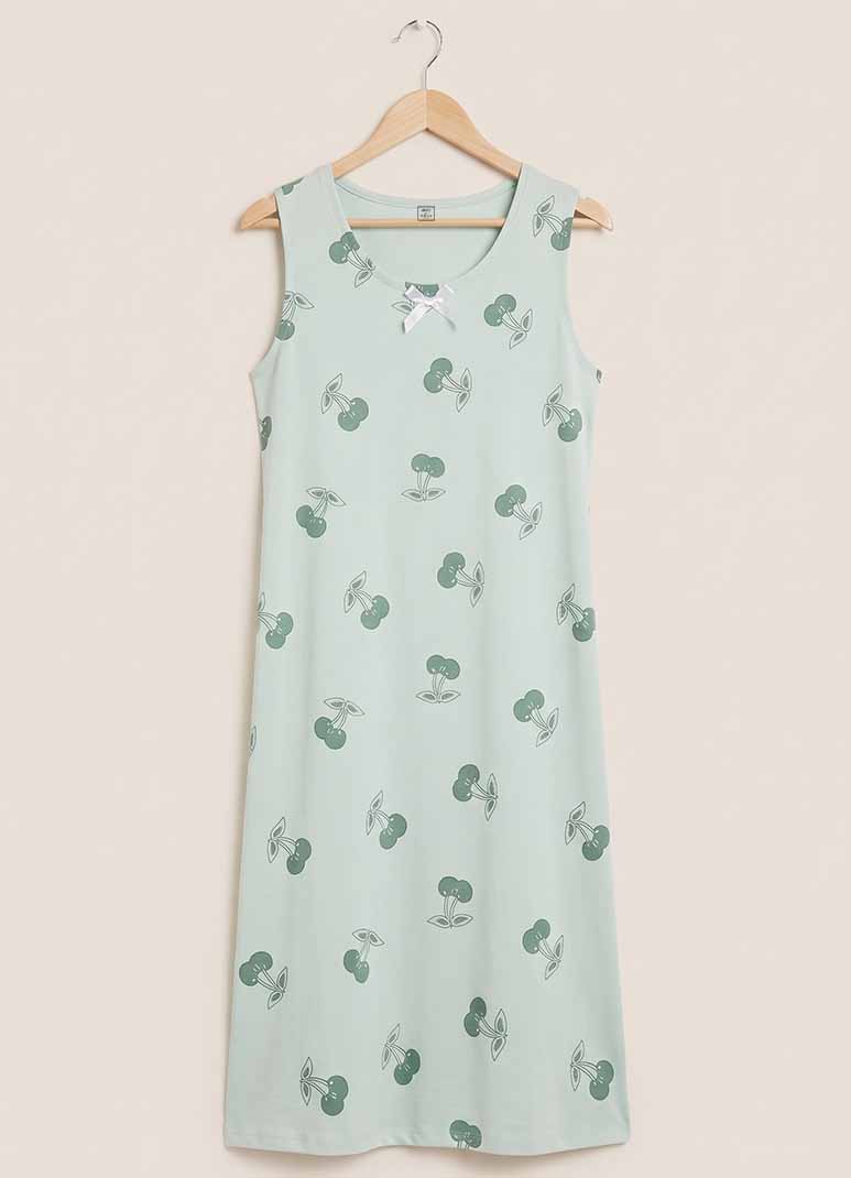 Women's sage green sleeveless maxi nightgown with cherry print