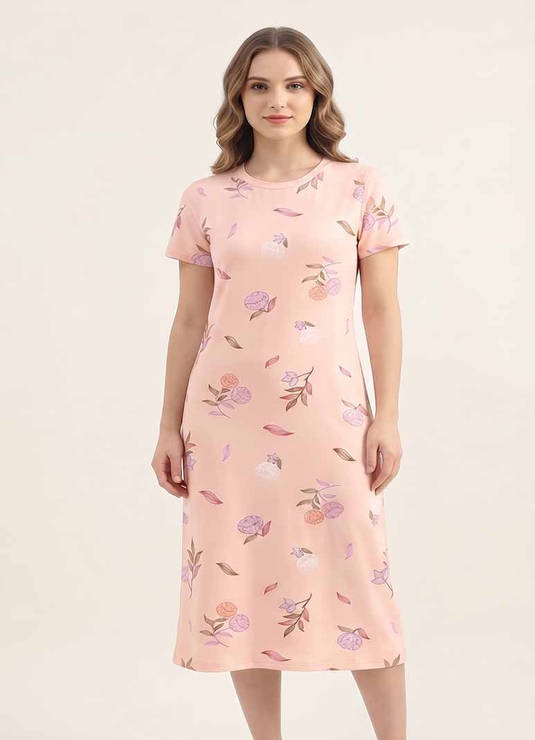 Women's blush pink short sleeve sleep gown with pomegranate floral print
