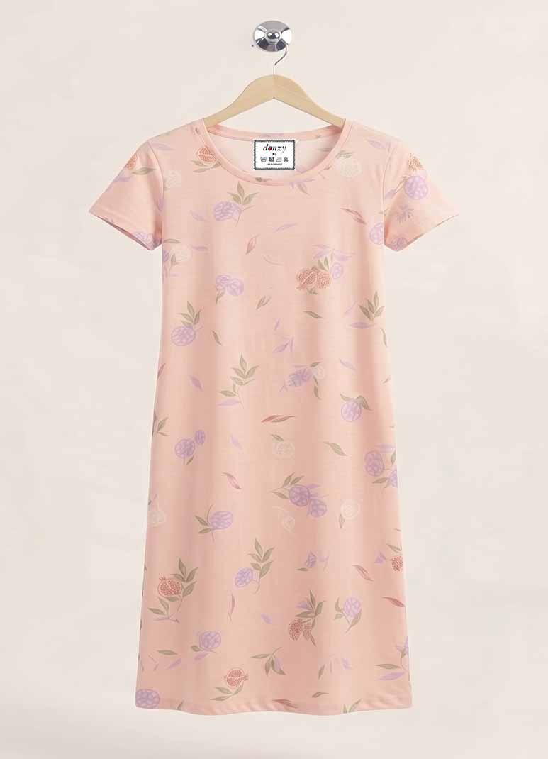 Women's blush pink short sleeve sleep gown with pomegranate floral print
