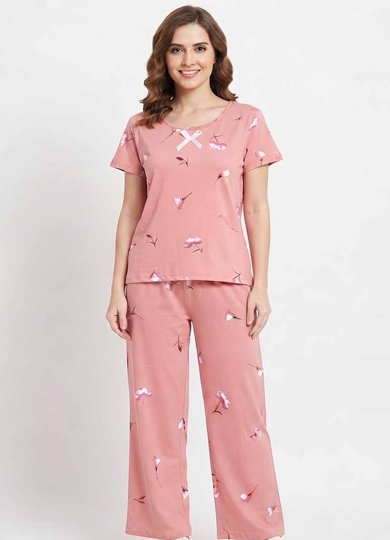 Women's dusty rose pajama set with floral print top and matching pants