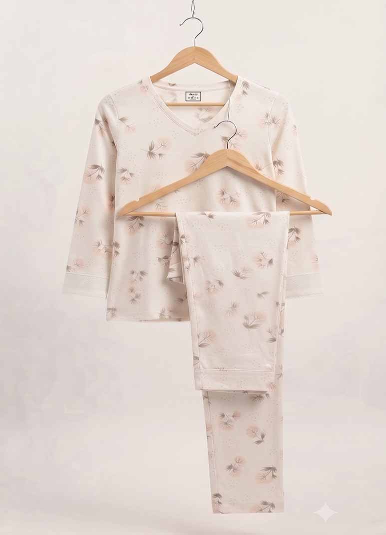 Women's ivory full sleeve pajama set with dandelion floral print