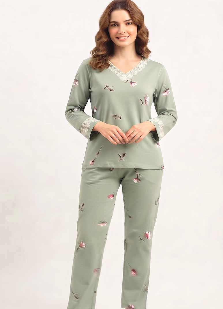 Women's sage green full sleeve pajama set with lace trim and floral print