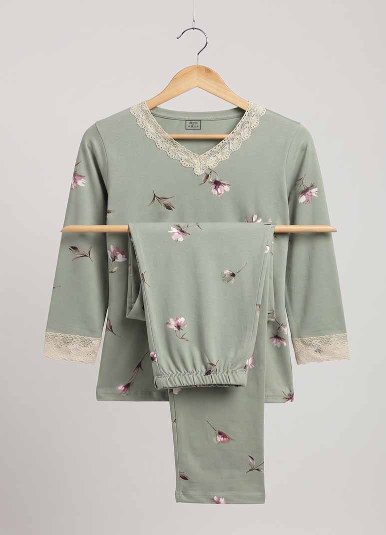 Women's sage green full sleeve pajama set with lace trim and floral print