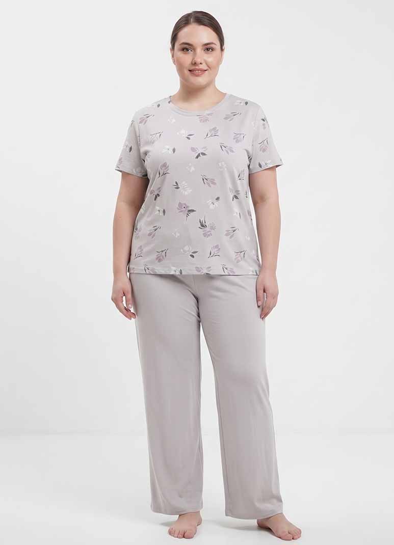 Women's grey pajama set with floral print top and solid pants