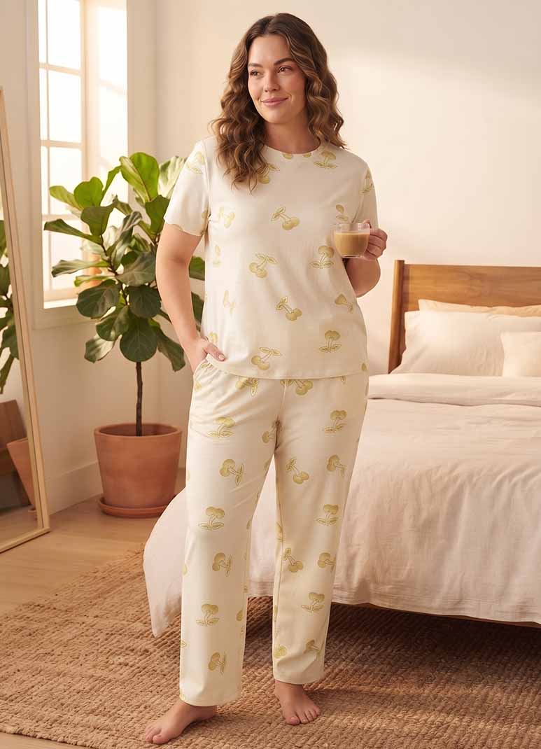 Women's cream pajama set with mushroom print