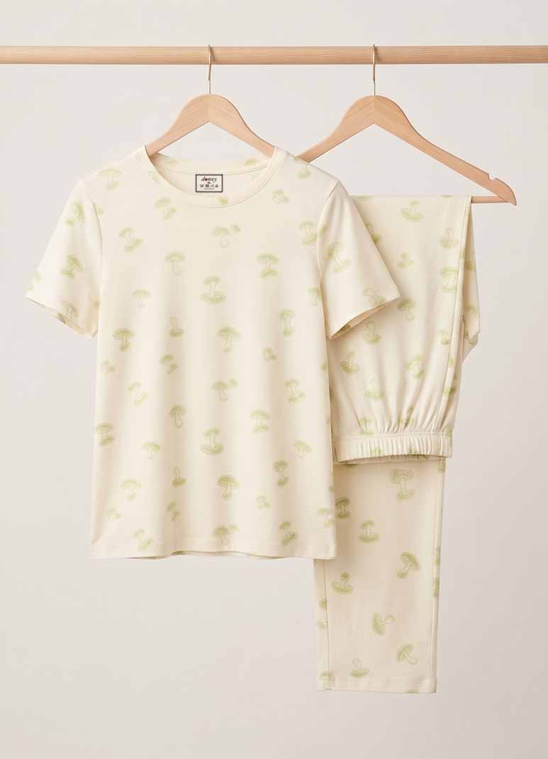 Women's cream pajama set with mushroom print