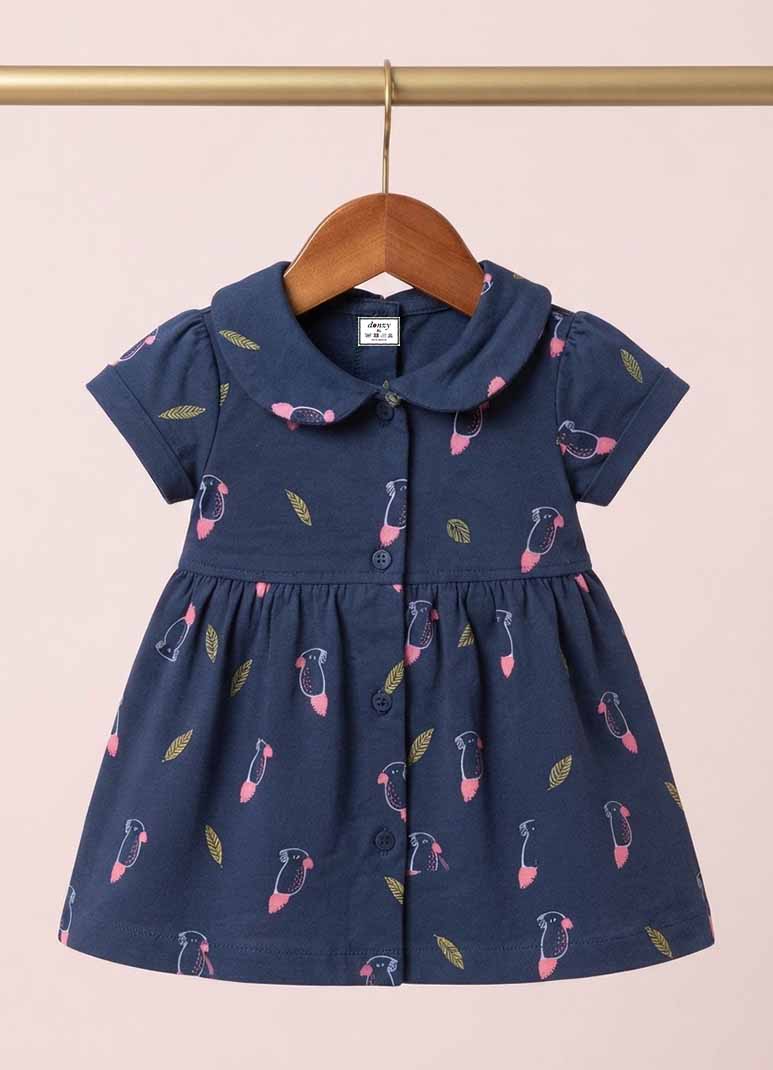Girls navy blue cotton frock with parrot print and Peter Pan collar