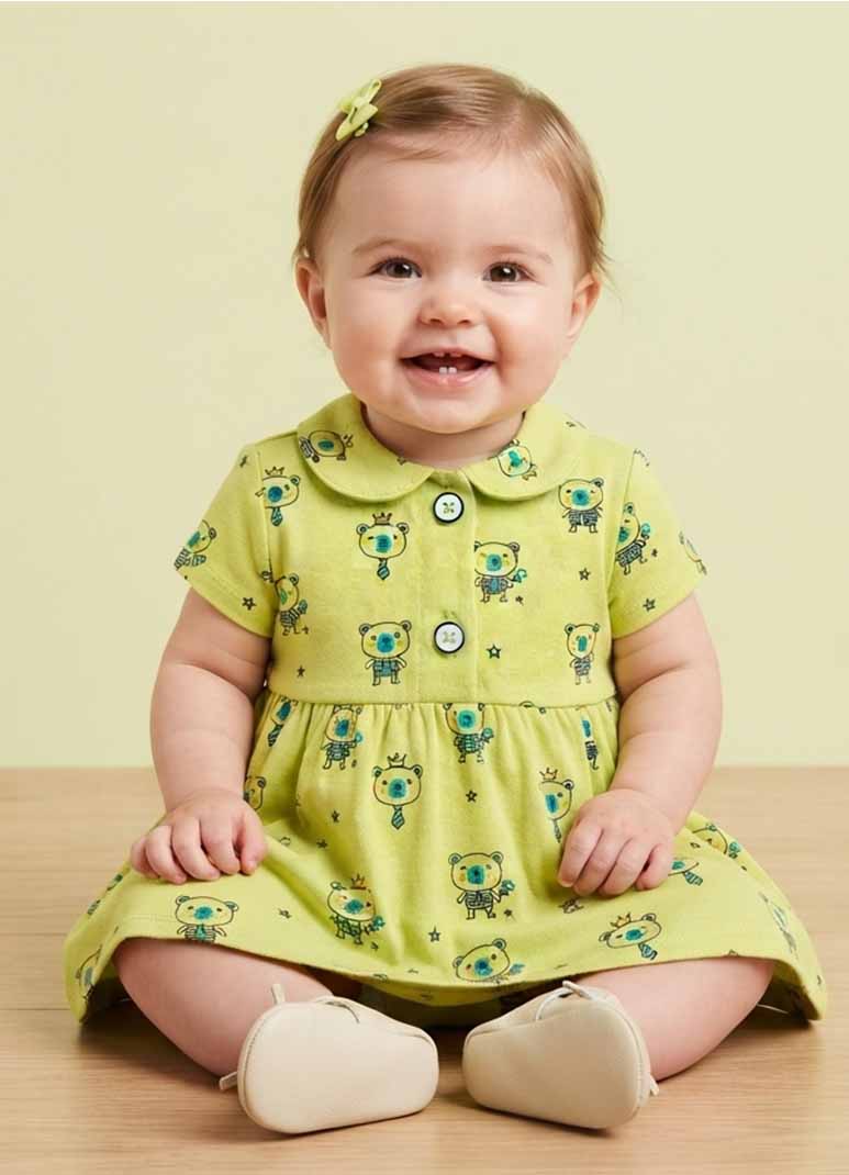Girls green cotton frock with teddy bear and rocket print