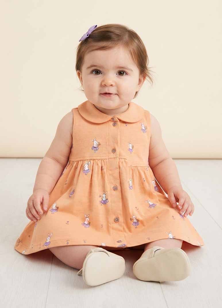 Girls peach sleeveless cotton frock with bunny print
