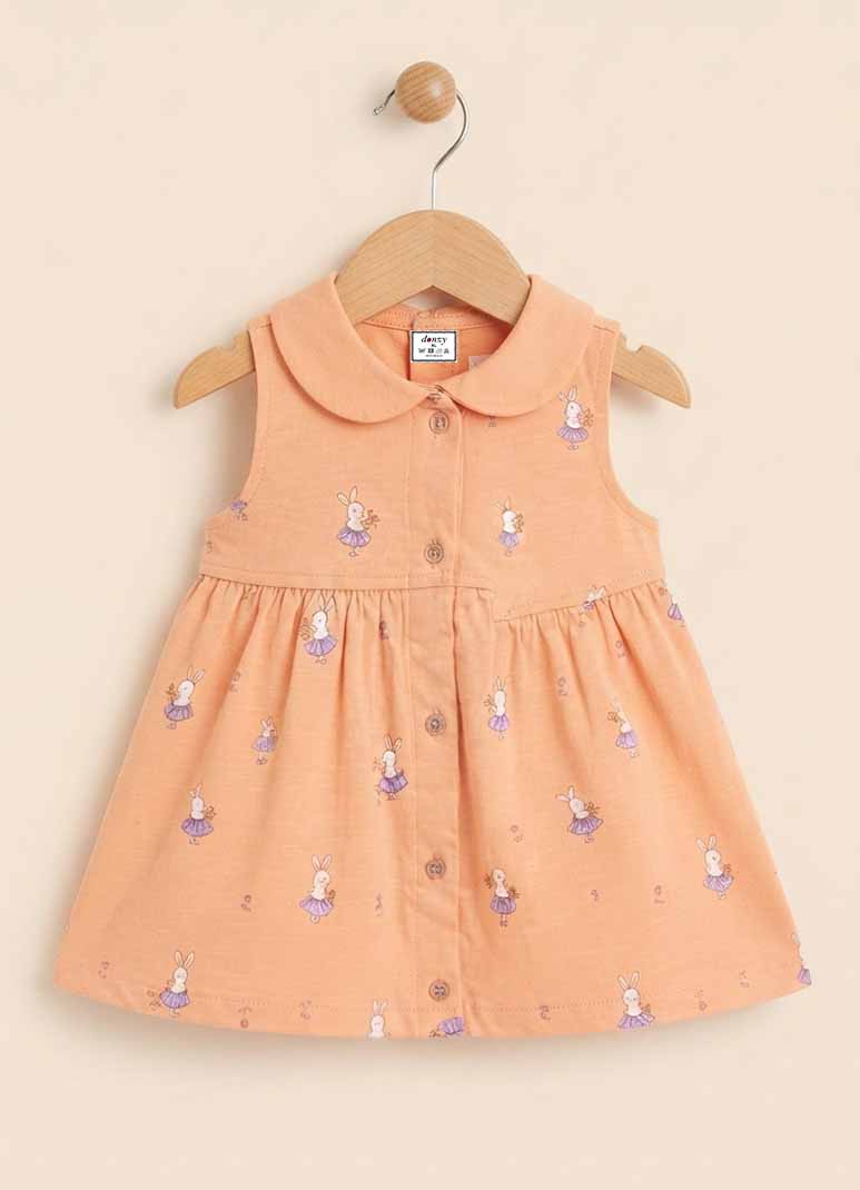 Girls peach sleeveless cotton frock with bunny print