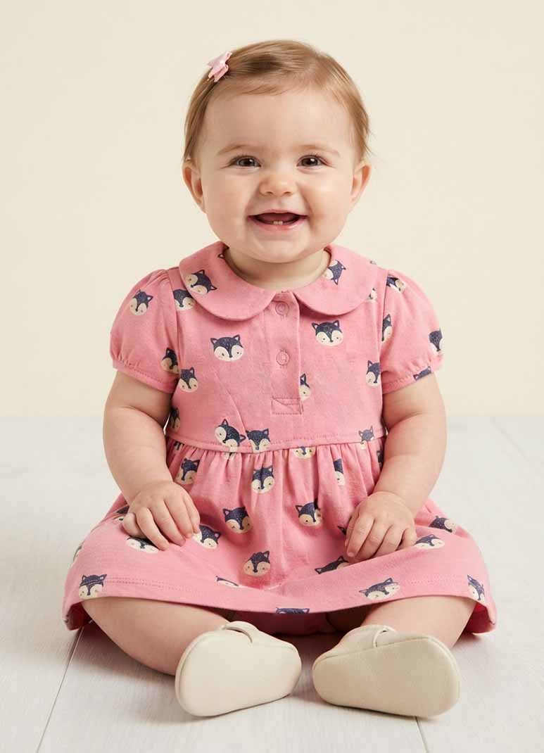 Girls pink cotton frock with fox print