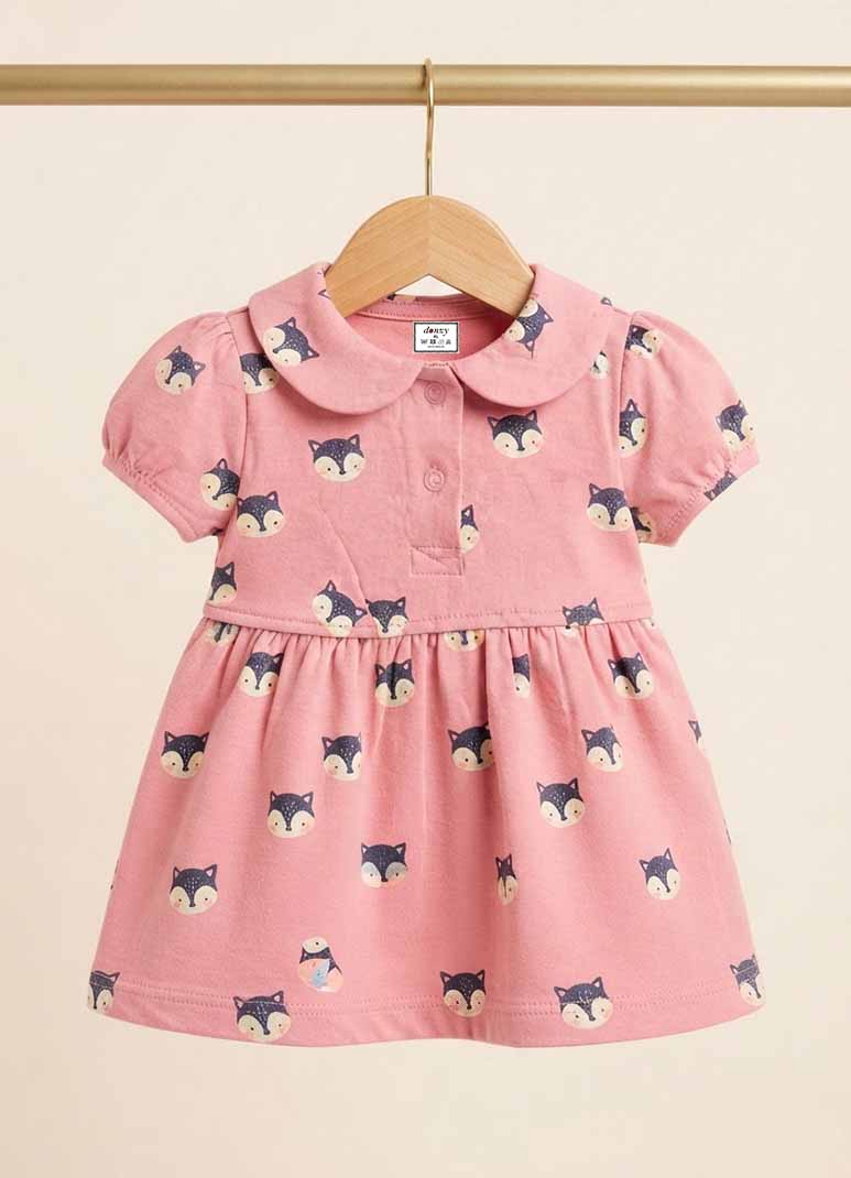 Girls pink cotton frock with fox print