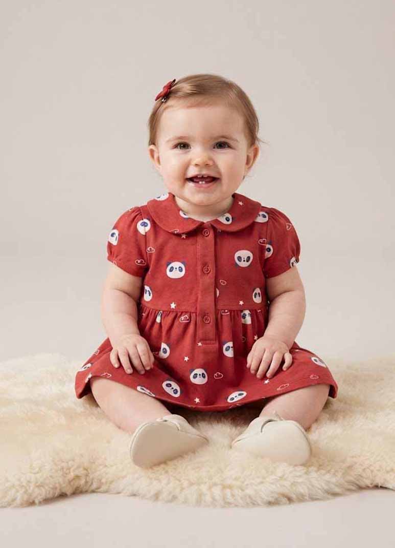 Girls red cotton frock with panda print