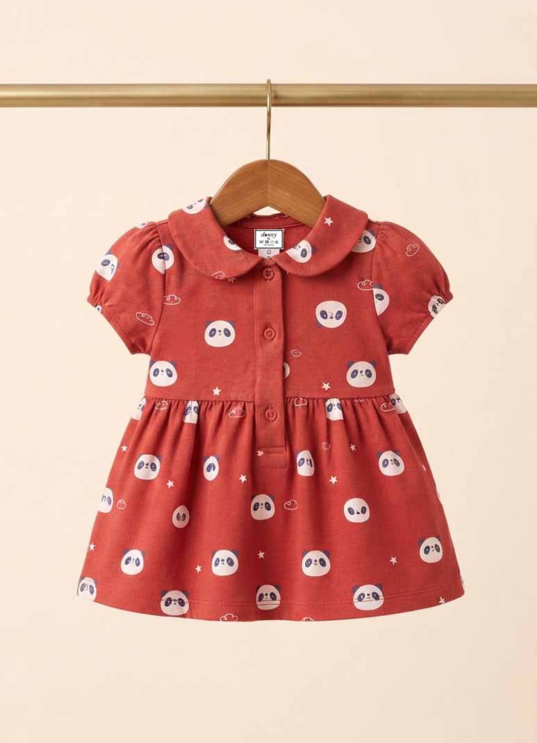 Girls red cotton frock with panda print