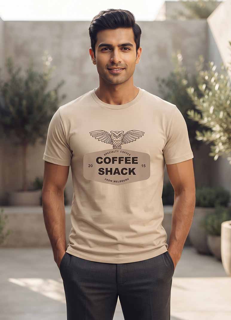 Men's beige oversized cotton t-shirt with coffee shack owl graphic print